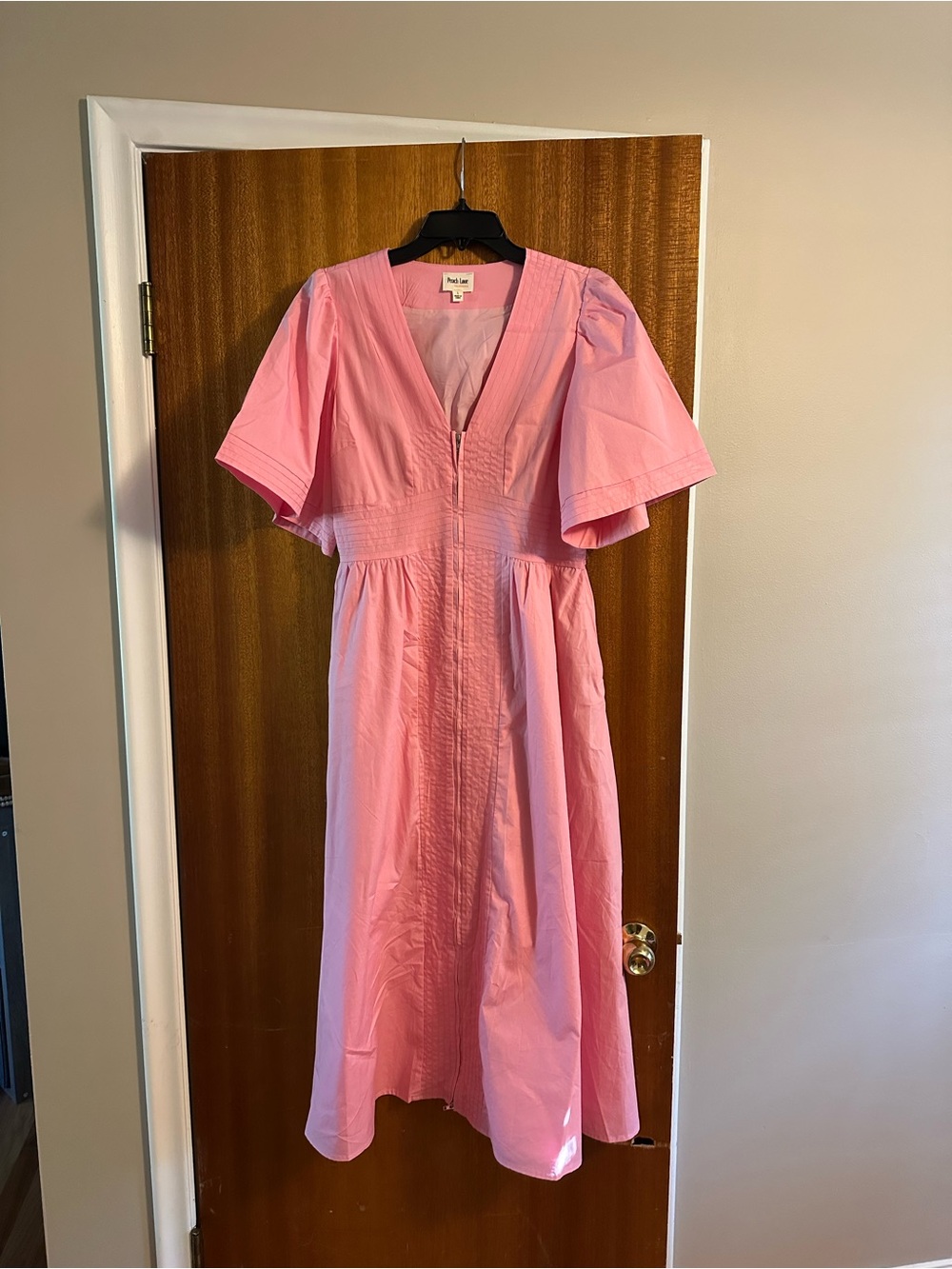 Pink Midi V-Neck Puff Sleeve Dress